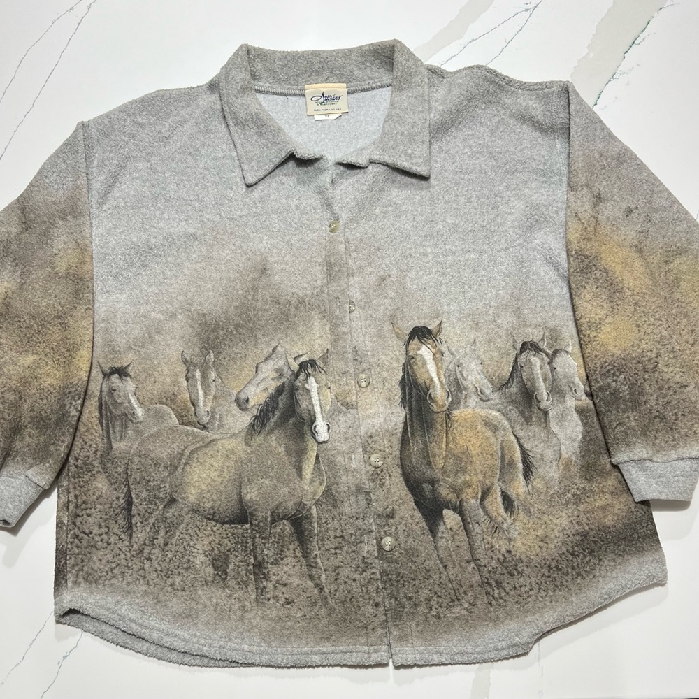 90’s Vintage Artisan Gray Horse Screen Print Button Down Jacket